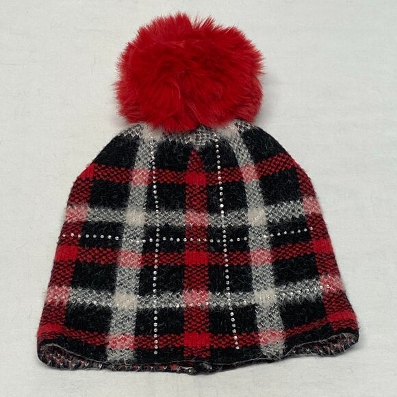 Rhinestone Bling Fuzzy Beanie Hat Pom Pom Plaid Red Black White Warm Winter Chic - Picture 4 of 8